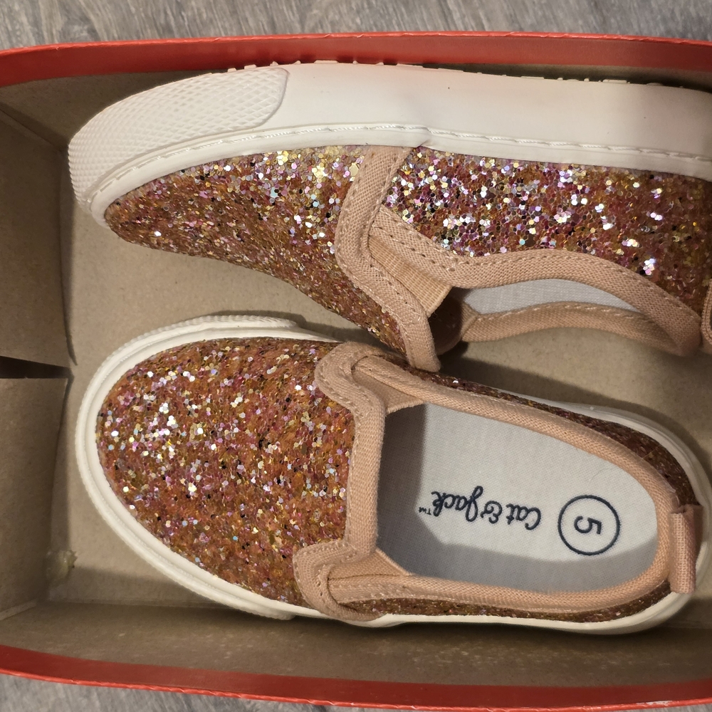 Cat & Jack Pink and Gold Glitter Sneakers Slip-On Design